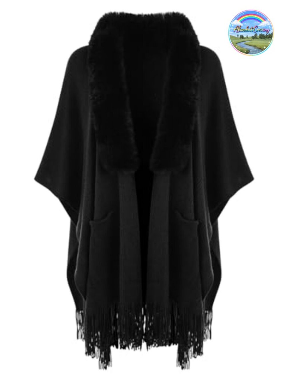 Knitted Shawl Wrap with Pockets Open Front Poncho Cape Fringe